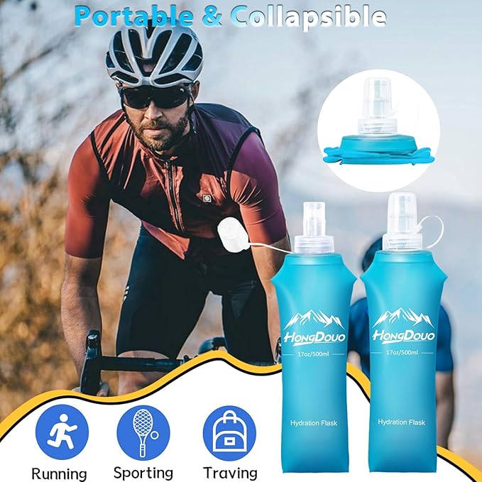 2 Packs Soft Flask, 17oz/500ml TPU Collapsible Soft Water Bottle for Hydration Pack, Running Vest, BPA-Free Folding Water Bottles for Hiking Cycling Climbing Running Outdoor Sports