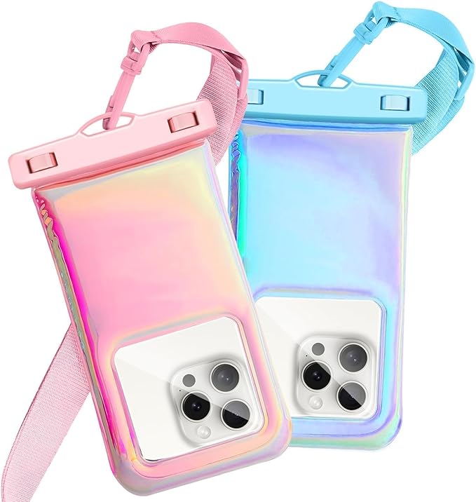 Floatable Waterproof Phone Pouch Case 2 pax for iPhone 17 16 Pro Max/15/14/13/12, IP68 Travel Cellphone Dry Bag Beach Cruise Ship Essentials Bags with Crossbody Lanyard, Iridescent Pink and Blue-7″