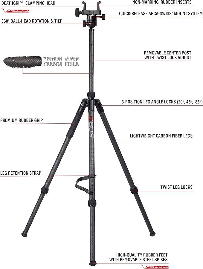 BOG DeathGrip Aluminum Tripod with Durable Frame, Lightweight, Stable Design, Bubble Level, Adjustable Legs, Shooting Rest, and Hands-Free Operation for Hunting, Shooting, and Outdoors