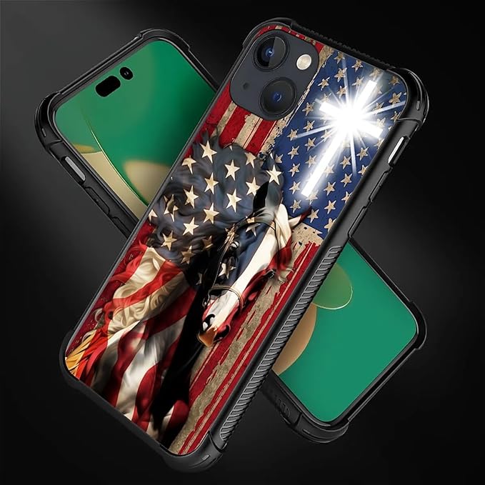 for iPhone 14 Plus Case, Red American Flag Horse Cross Pattern Made of Soft Silicone Hard Acrylic Shock Protection for iPhone 14 Plus