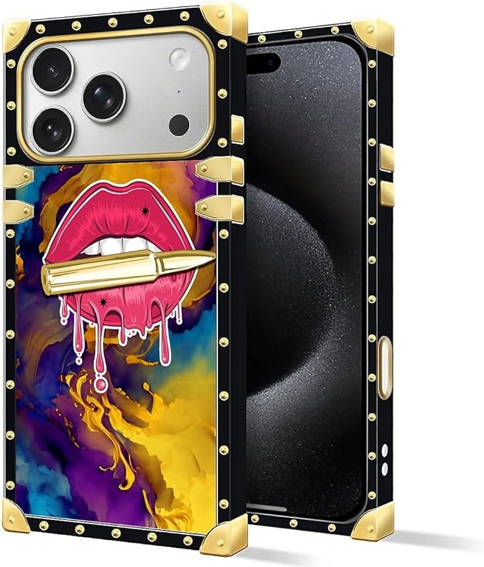 for iPhone 17 Pro Case Luxury Golden Decoration for Girl Women Soft TPU Shockproof Protective Hard PC Back for iPhone 17 Pro Crazy Pattern Cool Corlorful Lip Marble