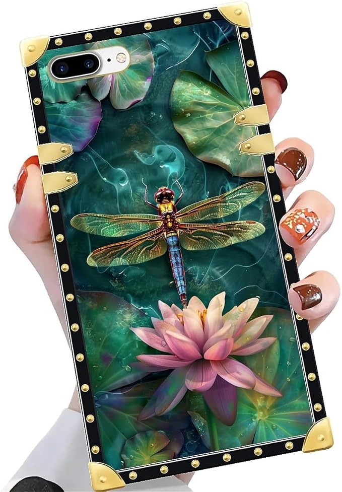 Compatible with iPhone 8 7 SE Case, Colourful Dragonfly Pink Lily Pads Luxury Golden Decoration for Girl Women Soft TPU Shockproof Protective Hard PC Back for iPhone 8 7 SE