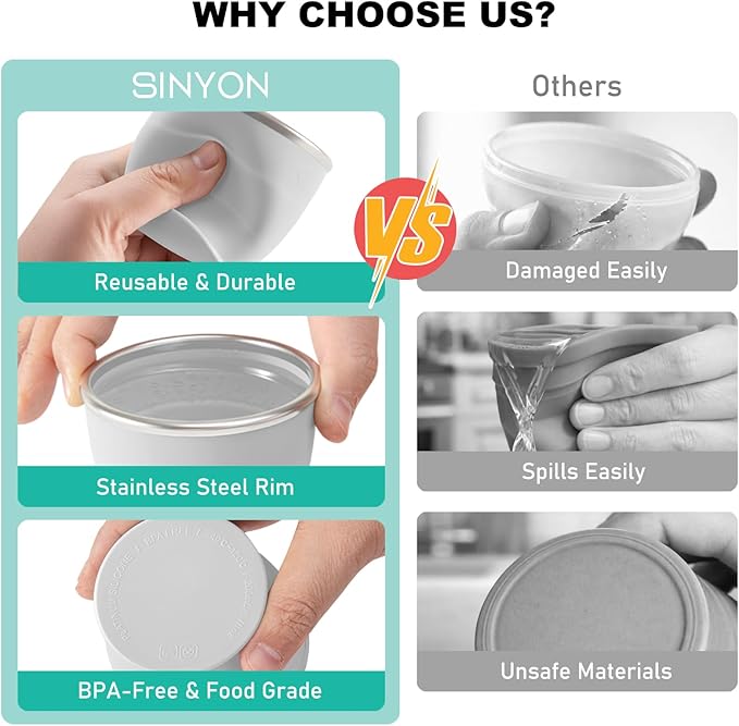 Collapsible Travel Cup, BPA-Free Reusable Water Cup, Lightweight Drinking Cups with Lids and Carrying Strap, Dishwasher Safe Silicone Cups for Camping, Travel, Airports, Hotel (6.7oz, Gray)