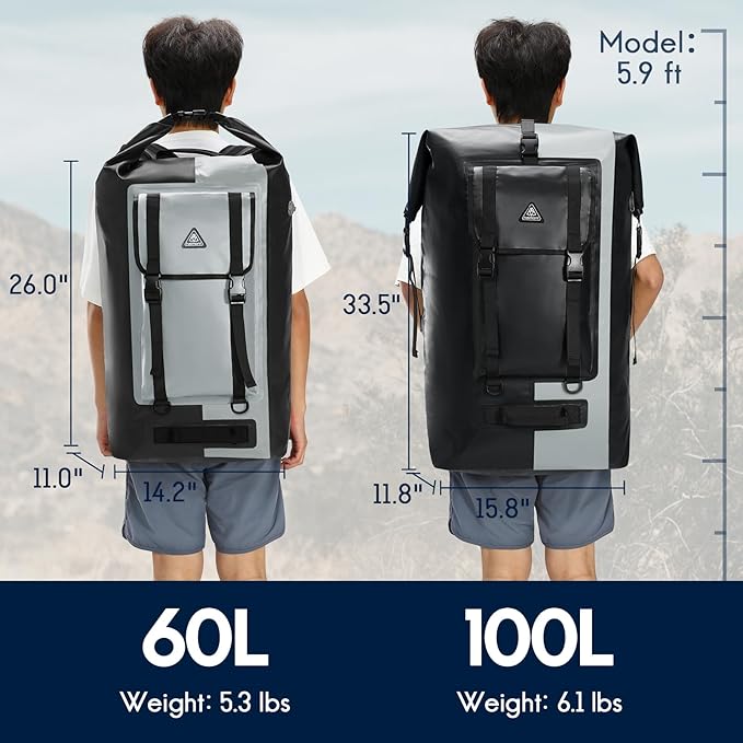 Haimont 100L Waterproof Backpack Large Roll Top Dry Backpacks Marine Dry Bags with Air Valve Travel Surfing Black/Grey