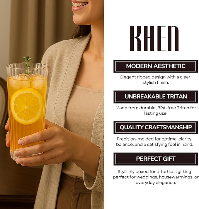Khen Plastic Acrylic Ribbed Drinking Glasses – Set of 2 Clear 11.8oz Tritan Tumblers, European Style Shatterproof Drinkware – Durable, BPA-Free, Dishwasher Safe, Stackable & Unbreakable Plastic Cups