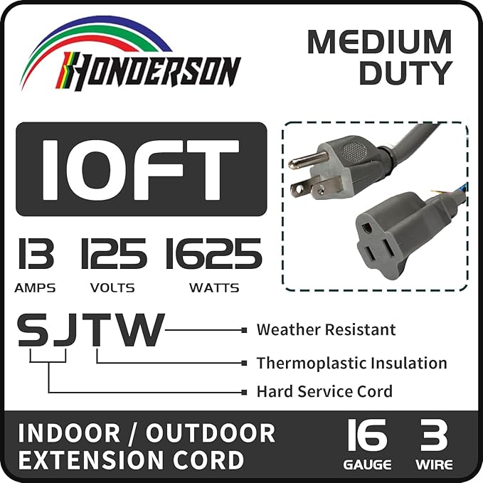 Indoor Outdoor Extension Cord Weatherproof, UL Listed, 16 Gauge 10FT Grey 3 Prong Heavy Duty, 16/3 SJTW 13A Power Cord for Outdoor Lights, Appliances, Lawn