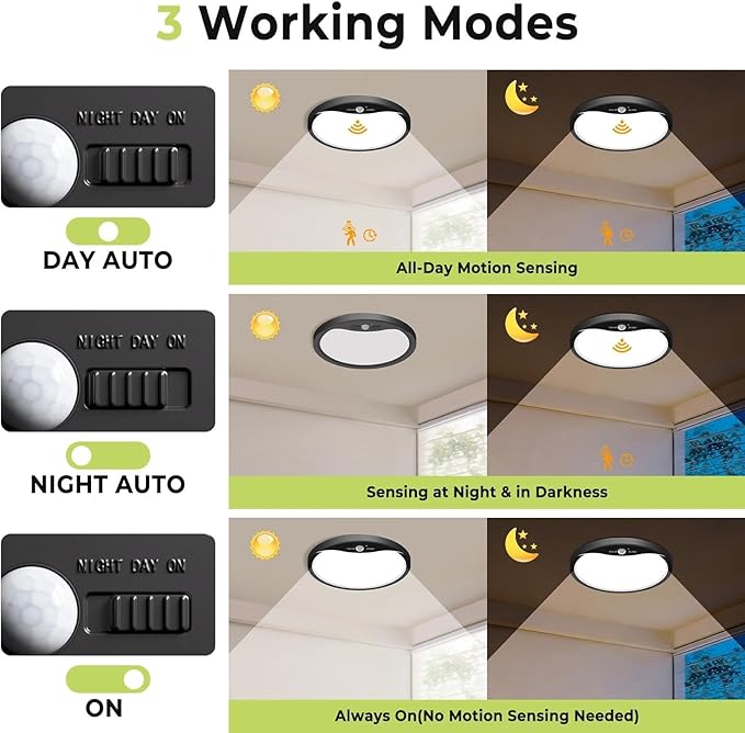hepside 4 Pack Motion Sensor Ceiling Light Wired, 3000K/4000K/6500K LED Flush Mount Ceiling Light Fixture, 12Inch 24W Motion Sensor Light with Timer for Closet Stair Porch Hallway Pantry,Black
