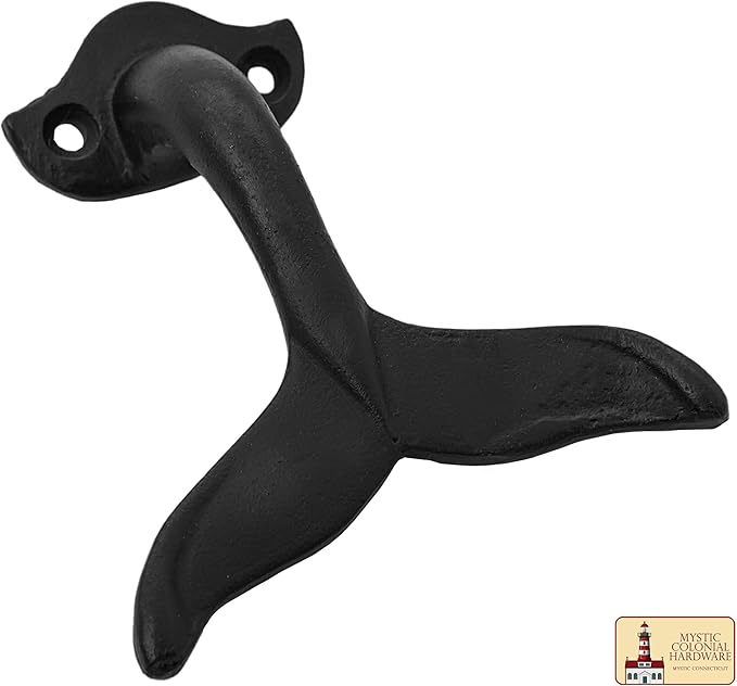 Mystic Colonial Rustic Cast Iron Wall Hanger, Heavy Duty Fish Tail Style Retro Utility Hooks, Multi Purpose Wall Mount Hanger for Hanging Coat, Bag, Towel, Robe, Hat - Black, Pair