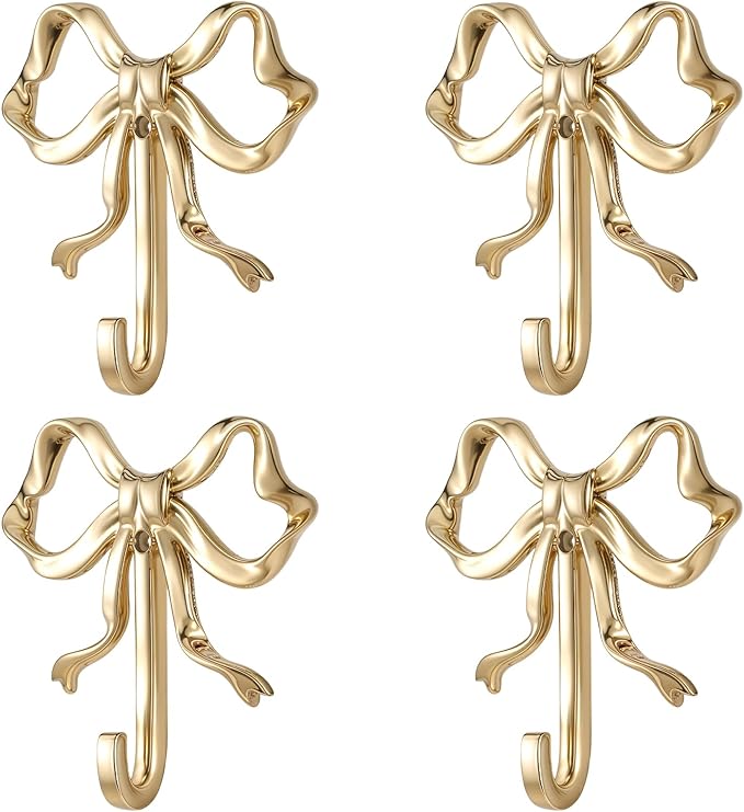 WLLHYF Small Bow Hook, 4 Pcs Bowknot Hook Decorative Bow Wall Decor Towel Hooks Multi-Purpose Hat Bright Yellow Gold Finish Wall Hooks for Bathroom Living Room Decor Hanging Coat
