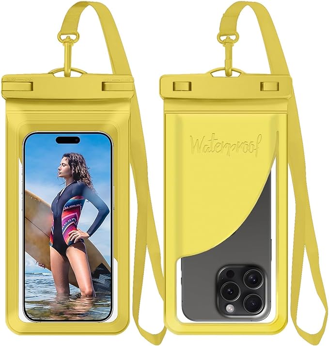 Universal Waterproof Phone Case,with Inside Card, Certified and Lightweight Waterproof Cellphone Pouch Under Water Beach Accessories for iPhone 17 16 15 14 13 Pro Max, 1 Pack-Yellow-8.3″