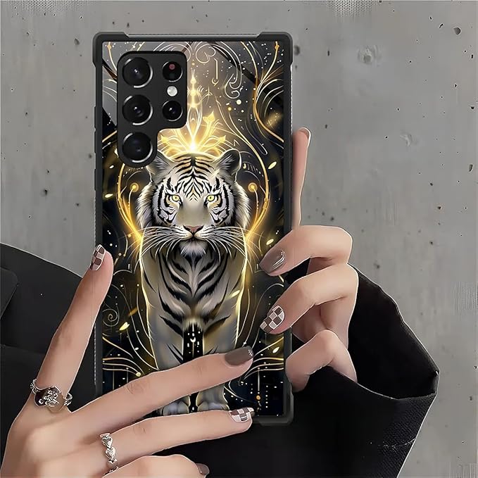 for Samsung Galaxy S22 Ultra Case, White Tiger Golden Mystery Pattern Graphic Design Girl Boy Soft Silicone Hard Acrylic Shock Protection for Samsung Galaxy S22 Ultra