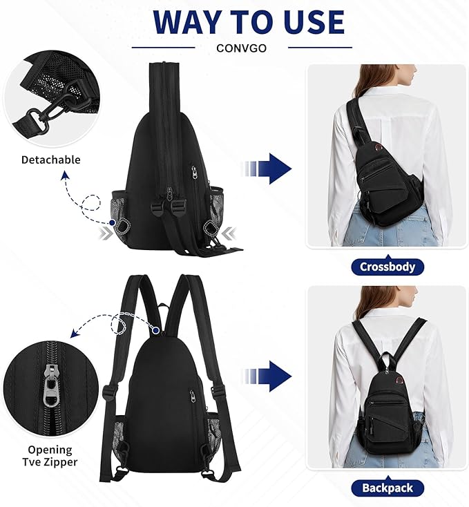 Crossbody Bag Casual Sling Bag for Men, Convertible Backpack, 3-in-1 Anti-Theft Shoulder Bag Trendy Daypack for Travel,Large, Black