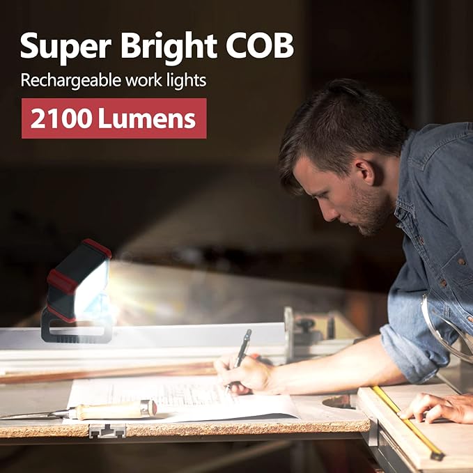 Tresda LED Rechargeable Work Light with Clamp, 2100LM Super Bright COB Magnetic Work Light with 3 Light Modes, 270° & 180° Rotation, Waterproof, Perfect for BBQ, Jobsite, Workshop, Car Repairing