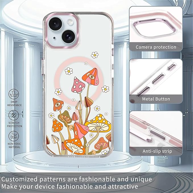 Case for iPhone 13/14,[Compatible with MagSafe],Retro Mushroom Sunflower Phone Case Design，for Women Girls Magnetic Clear Cover - Slim, Sleek, & Shockproof Protection