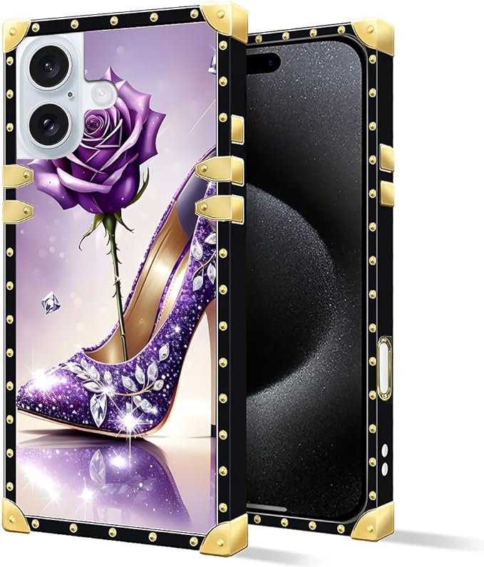 Compatible with iPhone 16 Case, High Heeled Purple Diamond Rose Luxury Golden Decoration for Girl Women Soft TPU Shockproof Protective Hard PC Back for iPhone 16