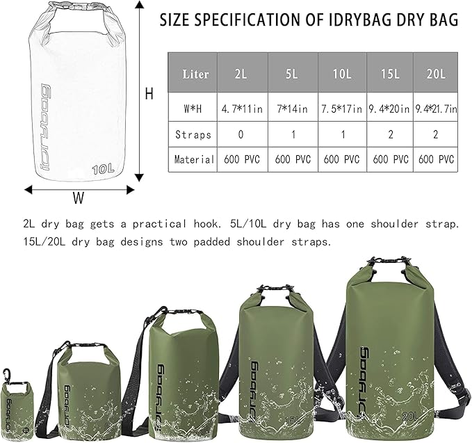 IDRYBAG Dry Bag for Kayaking Waterproof 2L/5L/10L/15L/20L, Small Dry Sack Waterproof Bag for Boating