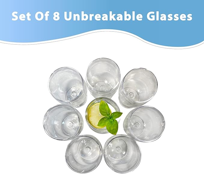Lily's Home Unbreakable Plastic Wine Glasses Set of 8, 12 oz Shatterproof Stackable Tumblers, Reusable BPA Free Goblets for Indoor and Outdoor Use. Made in Taiwan (Clear)