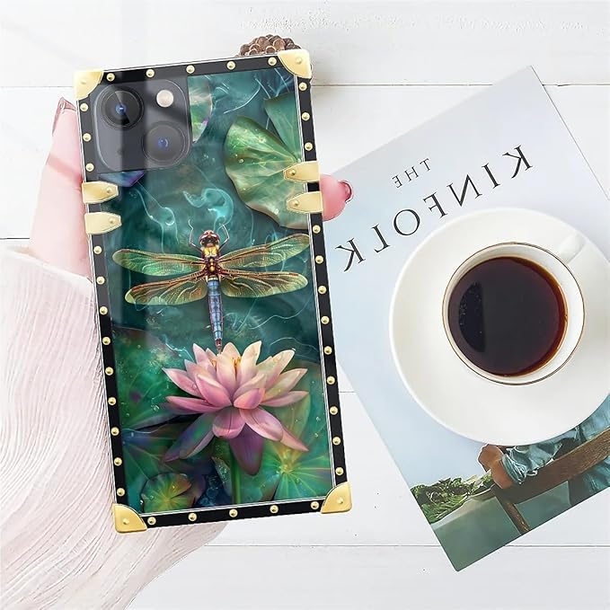 Compatible with iPhone 15 Case, Colourful Dragonfly Pink Lily Pads Luxury Golden Decoration for Girl Women Soft TPU Shockproof Protective Hard PC Back for iPhone 15