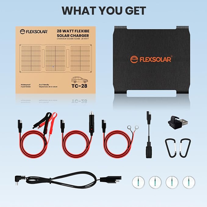 FlexSolar 28W Foldable Solar Panel Trickle Charger Maintainer Kits - 12V DC & QC3.0 USB Output with Built-in Controller, Includes Cigarette Lighter, Alligator Clips, O-Rings，OBDII Connector