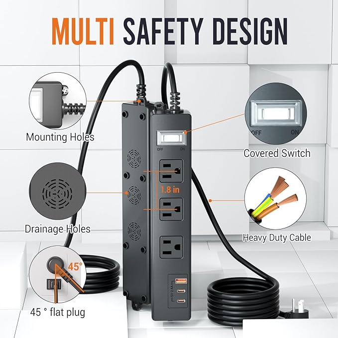 15FT Outdoor Waterproof Power Strip Surge Protector with 3AC Outlets 2 USB-C 1 USB-A Power Switch Safety Lock, ETL Certified for Patio Garden Charging