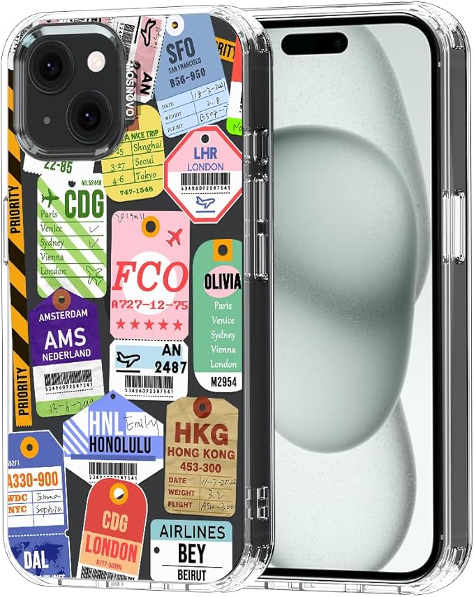 MOSNOVO Case for iPhone 15 Plus/iPhone 14 Plus, [Buffertech 6.6ft Military-Grade Drop Protection] [Anti Peel Off Tech] Clear TPU Bumper Phone Case Cover Design - Air Ticket Labels