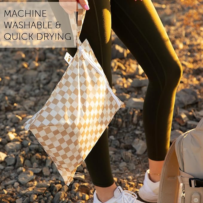 Bumkins Roamio - Waterproof Wet Bag - For Baby, Travel, Swim Suit, Cloth Diapers, Pump Parts, Pool, Gym, Toiletry, Strap to Stroller - Reusable & Easy to Clean - 2pk - Beige Check