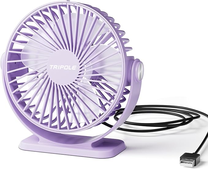 TriPole Desk Fan USB Powered Mini Portable Fan 3 Speeds Strong Airflow Small USB Fans 360°Rotation Personal Travel Fan 5.1 Inch for Home Office Table Bedroom Bedside Desktop, Purple, 4.9ft Cable