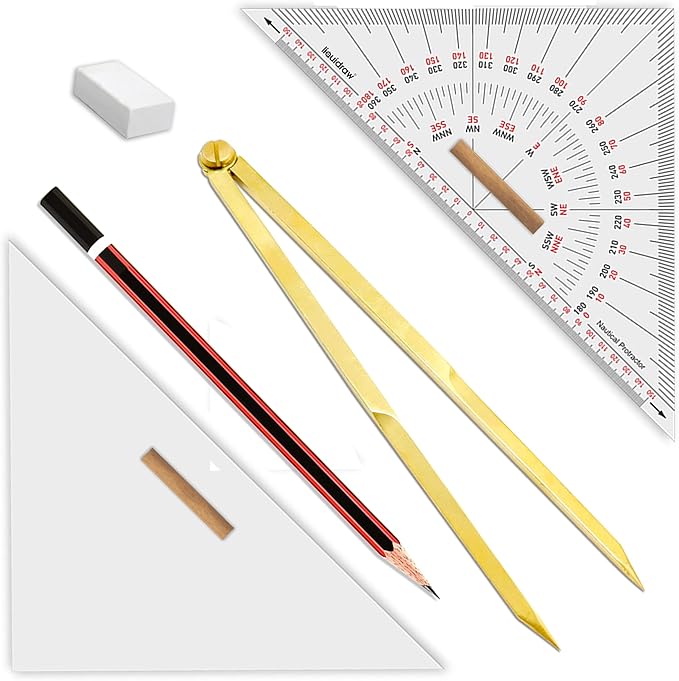 Liquidraw Marine Navigation Divider Universal Nautical Protractor Set Square Set of 6 | Triangle Ruler & Brass Divider | Essential For Sailing, Accurate Navigational Plotting & Portland Course Plotter