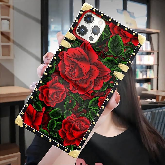 Compatible with iPhone 12 Pro Max Case, Vector Red Rose Green Leaf Luxury Golden Decoration for Girl Women Soft TPU Shockproof Protective Hard PC Back for iPhone 12 Pro Max
