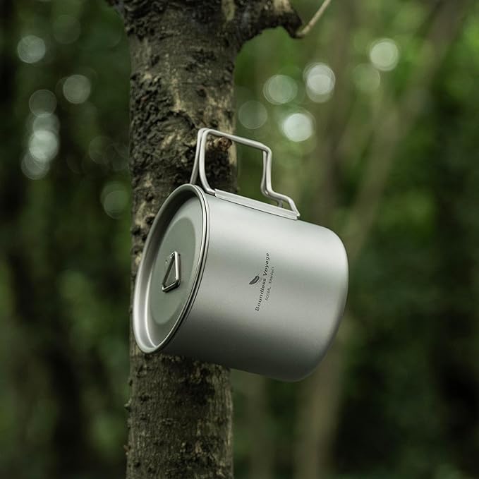 iBasingo 500ml Titanium Cup with Lid Foldable Handle Single-walled Camping Mug Lightweight Portable for Outdoor Drinking Drinkware US-Ti3059D