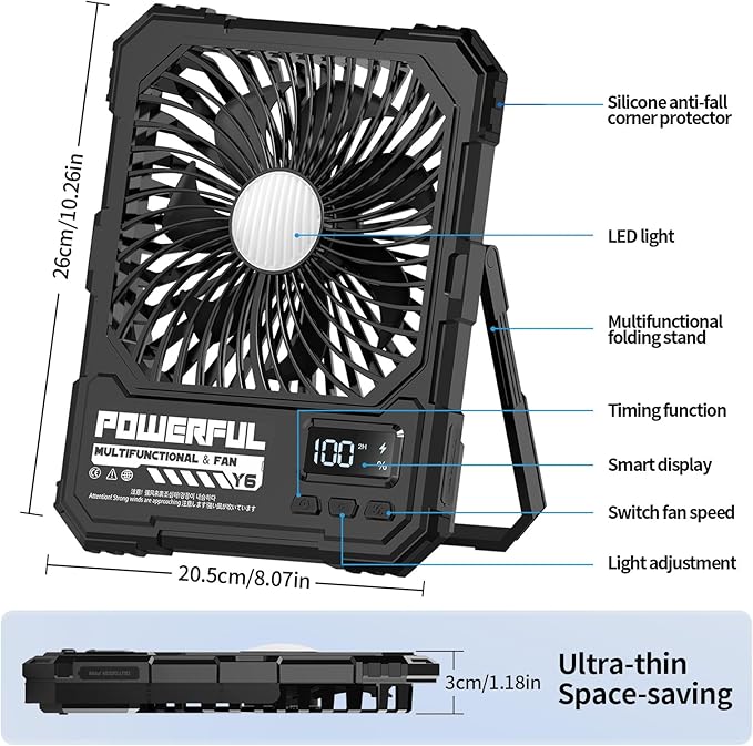 yAyusi 20000mAh Battery Powered Portable Travel Fan, Ultra-Slim 8Inch Rechargeable Camping Fan with Remote Controller, Maximum Battery Life of 82 Hours, Suitable for Bedrooms, Cruise, Tents, Travel