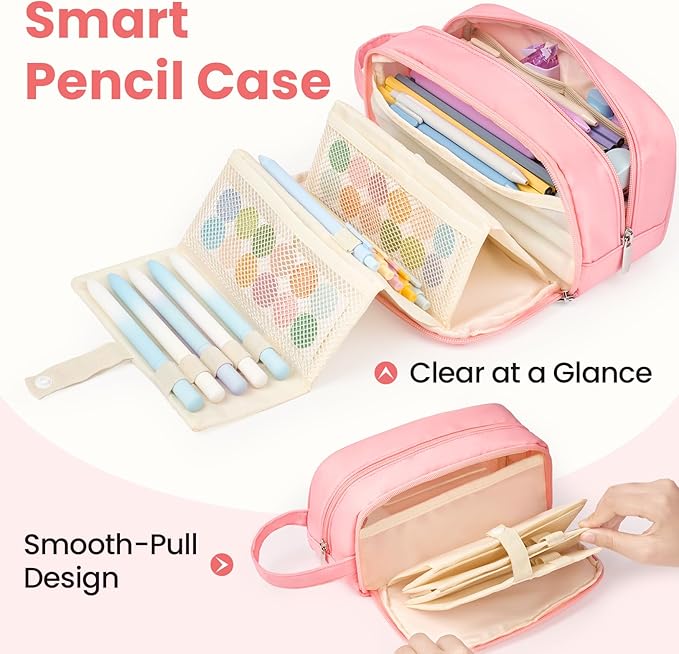 Sooez Pencil Case, Large Pencil Pouch Pencil Bag with Pull-Out Organizer for Quick Access, Cute Pencil Case with Sturdy Zipper, Aesthetic School Supplies for Girls Boy Women, Pink