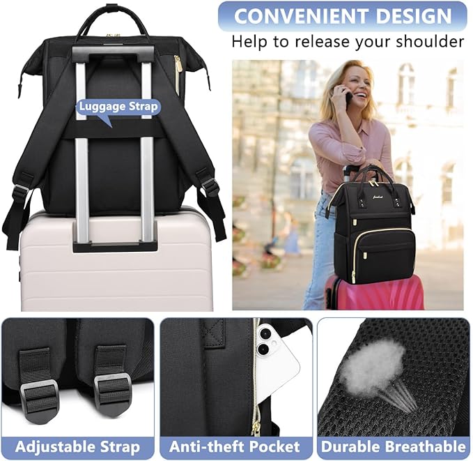 Focdod Women Laptop Backpack Work Bag - Fits 17.3 inch with Laptop Compartment Waterproof Professional Fashion Travel Purse for College Nurse Business Computer Backpack Black