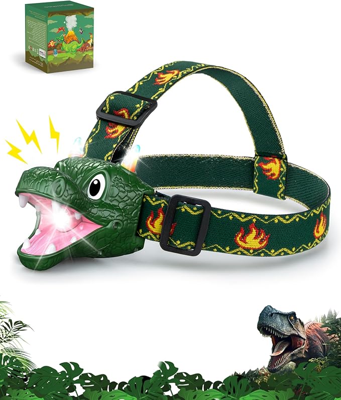 LED Dinosaur Headlamp for Kids, Children's Toy Flashlight Dinosaur Toys for Age 3 4 5 6 7 8 9 Years Old Kids, Camping Hiking Gear for Boys Girls