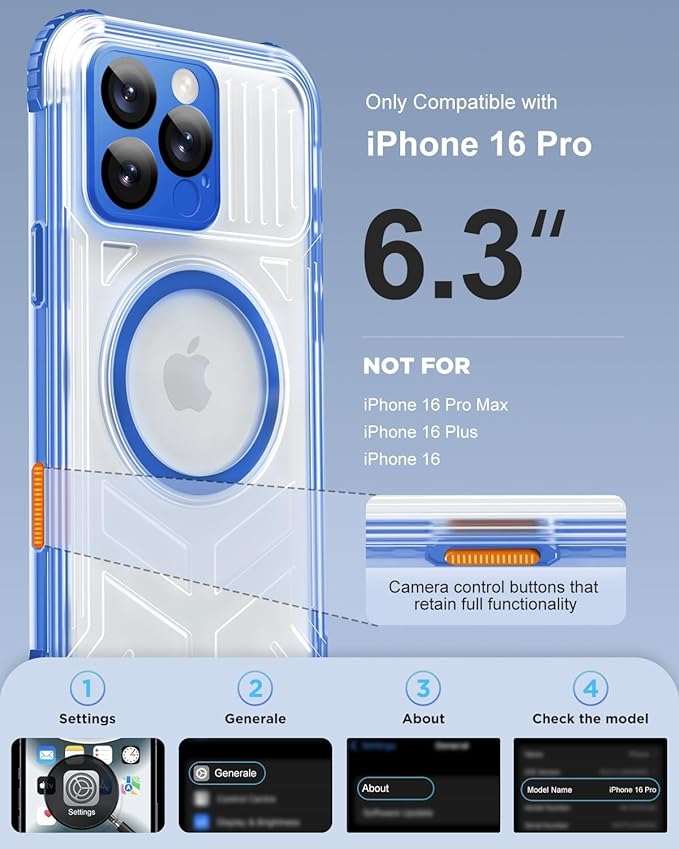 for iPhone 16 Pro Waterproof Case with Magsafe, Built-in [Camera & Screen Protector] [Lanyard], IP68 Water Proof Full Body Dustproof Heavy Duty Frosted Protective Phone Cover, 6.3" Blue