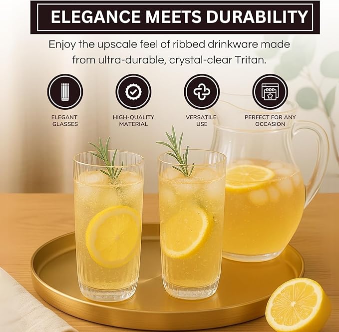 Khen Plastic Acrylic Ribbed Drinking Glasses – Set of 2 Clear 11.8oz Tritan Tumblers, European Style Shatterproof Drinkware – Durable, BPA-Free, Dishwasher Safe, Stackable & Unbreakable Plastic Cups