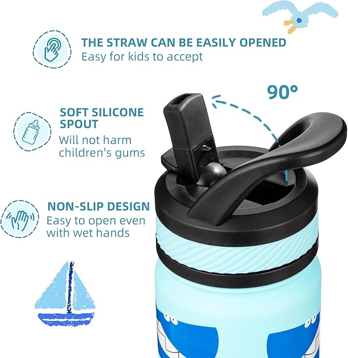Fanhaw 18 Oz Kids Insulated Water Bottle with Straw - Stainless Steel Double Wall Vacuum Cup, Leakproof, BPA Free, Suitable for Boys and Girls(Pale Blue - Big Shark)