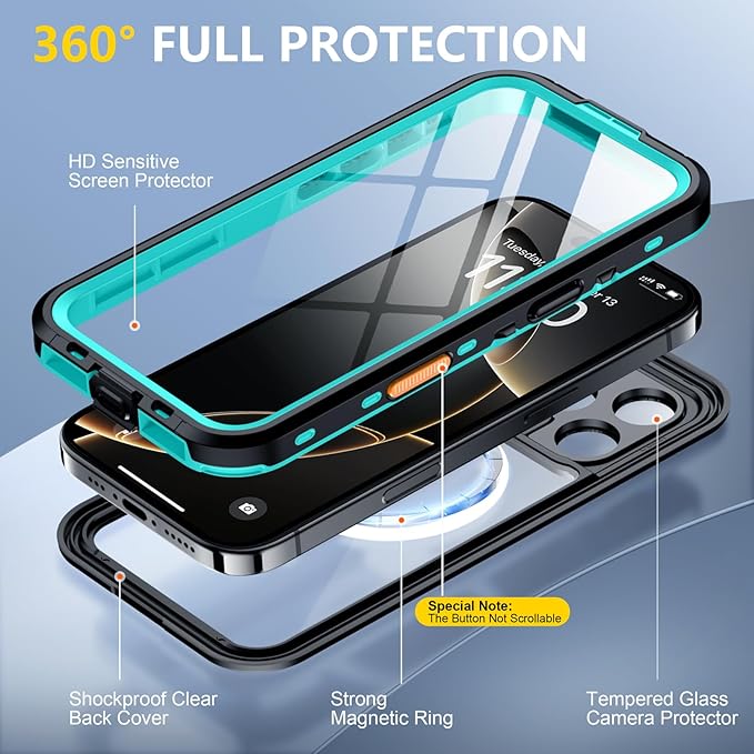 Red2Fire for iPhone 16 Pro Case Waterproof, [Built-in Screen Protector & Camera Protector][Compatible with MagSafe][Full Body Shockproof][IP68 Waterproof][Dustproof] Phone Case 6.3" Blue/Clear