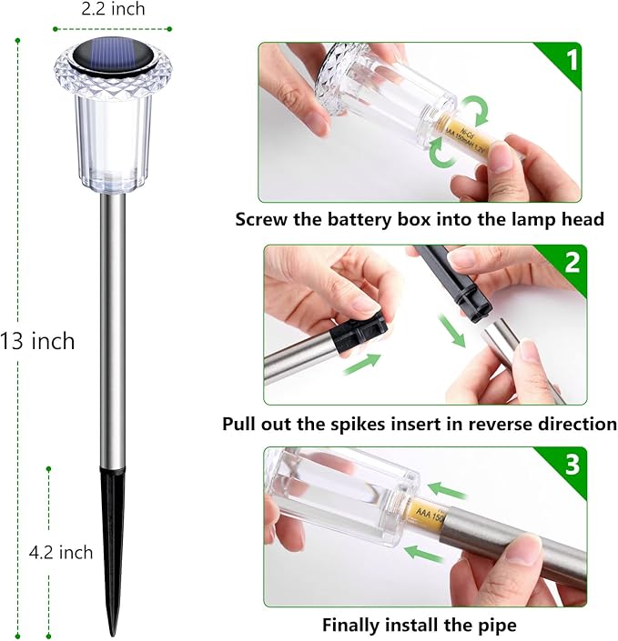 Solar Pathway Lights 10 Pack Solar Lights Outdoor Waterproof 6000K Cold White Yard Lighting, LED Stainless Steel Stake for Garden Outside Landscape Lawn Driveway Walkway Path
