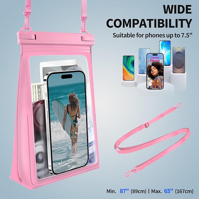 PEDVSTY Large Waterproof Phone Pouch [with Sealing Strip], Cell Phone Dry Bag for iPhone 17 16 15 14 13 Pro Max Galaxy S25 S24 S23 All Devices, Floating Water Proof Bag for Beach Water Park Hot Pink