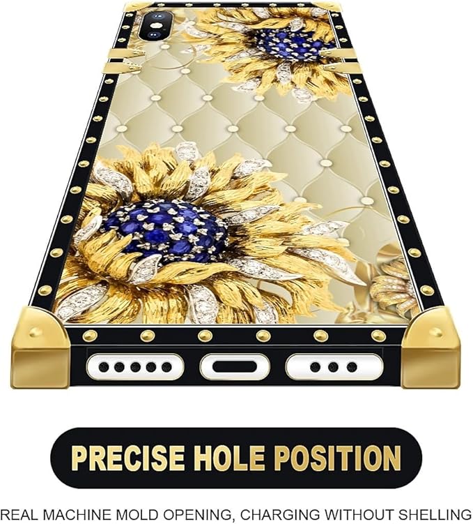 Compatible with iPhone XR Case, Sunflower Diamonds Leather Luxury Golden Decoration for Girl Women Soft TPU Shockproof Protective Hard PC Back for iPhone XR
