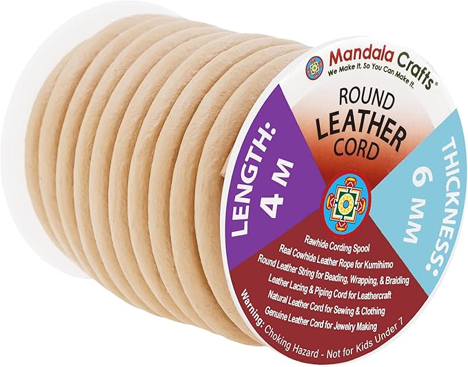 Mandala Crafts Round Genuine Beige Leather Cord for Jewelry Making – 6mm Cowhide Leather Rope String Lace for Kumihimo – 4.4 Yards Cowhide Craft Cording Spool