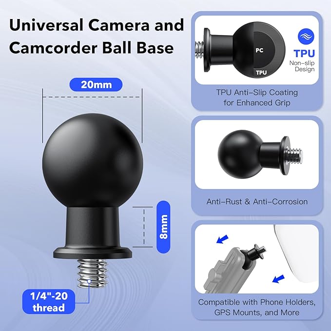 20mm Ball Mount to 1/4"-20 Thread Adapter – TPU Anti-Slip Base for Firm and Stable Installation on Camera Rigs, Tripods, and Brackets