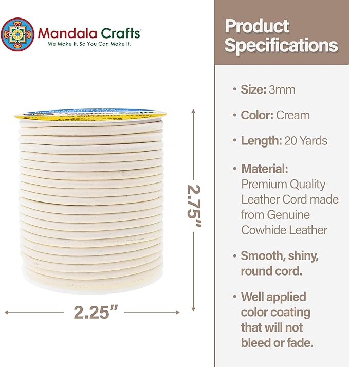 Mandala Crafts Round Genuine Cream Leather Cord for Jewelry Making – 3mm Cowhide Leather Rope String Lace for Kumihimo – 20 Yards Cowhide Craft Cording Spool