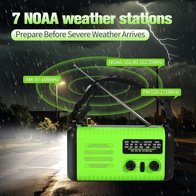 20000mAh / 74000mWh Emergency Crank Radio, NOAA/AM/FM Portable Weather Radio, Solar Hand Crank Radio, Battery Powered with USB Phone Charger, Flashlight Reading Lamp & SOS for Survival (Light Green)