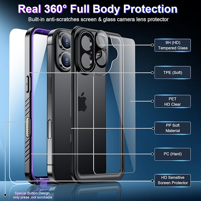 2025 New Designed for iPhone 16 Case Waterproof, [Built-in Screen Protector & Glass Camera Protector][Full Body Shockproof][IP68 Underwater][Dustproof][Dropproof] Phone Case for iPhone 16 6.1"