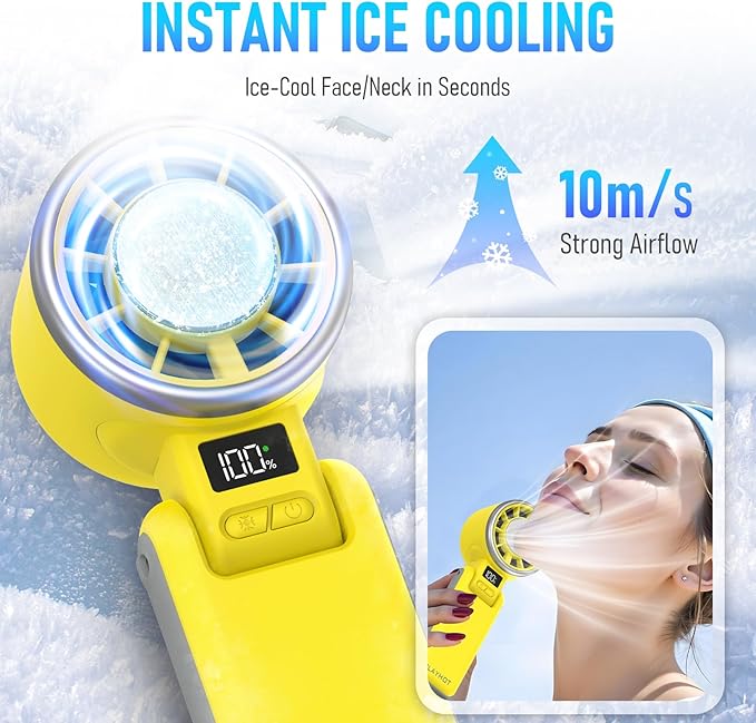 PlayHot Portable Handheld Turbo Fan with Ice Cooling, Rechargeable Personal Fan, Up tp 12Hrs Cooling, 5 Speed 25550RPM Powerful Portable Fan for Travel, Outdoor, Camping, Hiking (Yellow)