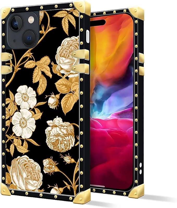 Compatible with iPhone 15 Case, Blooming Rose Golden Flower Luxury Golden Decoration for Girl Women Soft TPU Shockproof Protective Hard PC Back for iPhone 15