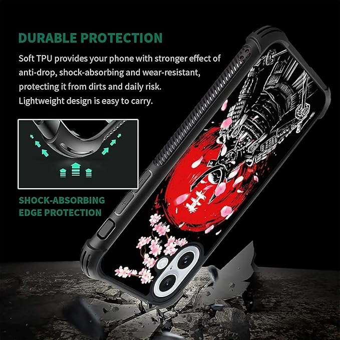 for iPhone 16 Plus Case, Sakura Japanese Samurai Pattern Graphic Design Girl Boy Soft Silicone Hard Acrylic Shock Protection for iPhone 16 Plus