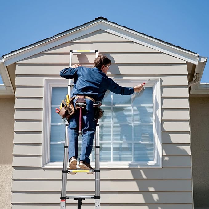 BOCOM 14.5 FT Aluminum Telescoping Ladder, Lightweight Multi-Purpose Collapsible Extension with 2 Triangle Stabilizers, Heavy Duty 330 lbs Max Capacity, Ideal for Home, RV, and Outdoor Work Silver